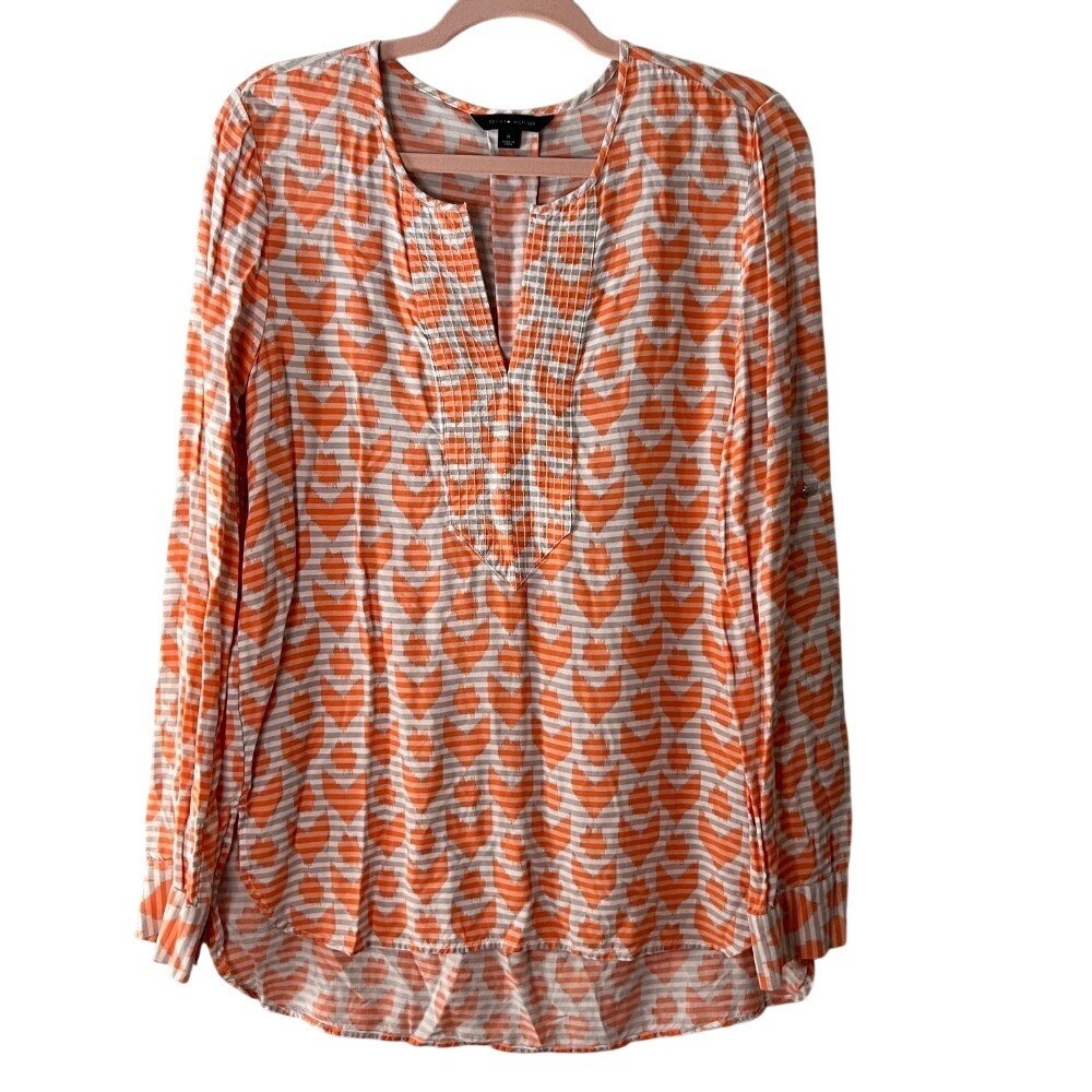 Tommy Hilfiger Tunic Blouse M Orange‎ Print Boho Long Sleeve Lightweight